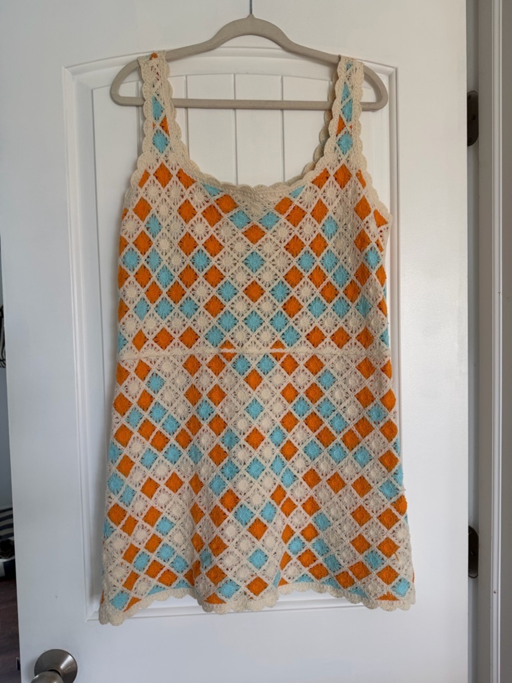 Mini Crochet Tank Dress in Cream, Orange & Light Blue. Made in Italy